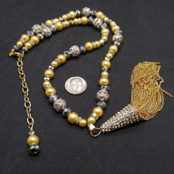 Artisan Gold Pearl Rhinestone Tassel Necklace 22” Vintage Inspired Jewelry - Picture 7 of 9